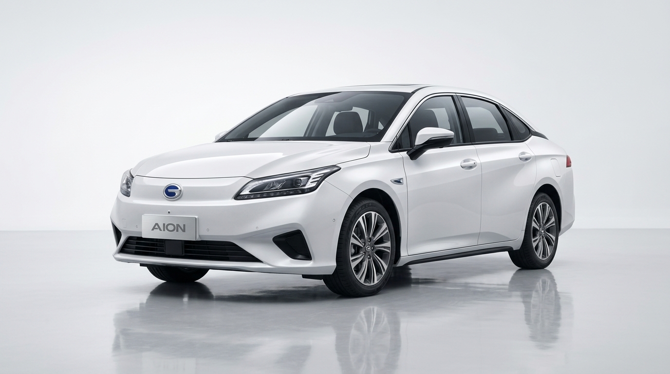 GAC Aion S silver electric sedan, front quarter view